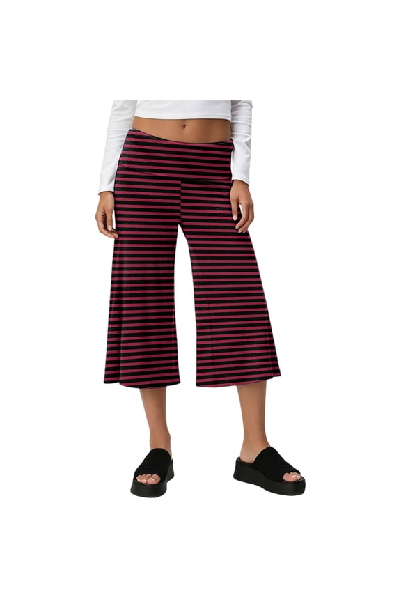 Gauchos Pants for Women Striped Palazzo Culotte Fold Over Capri Pants for Women Flowy Low Rise Capris Pants for Women