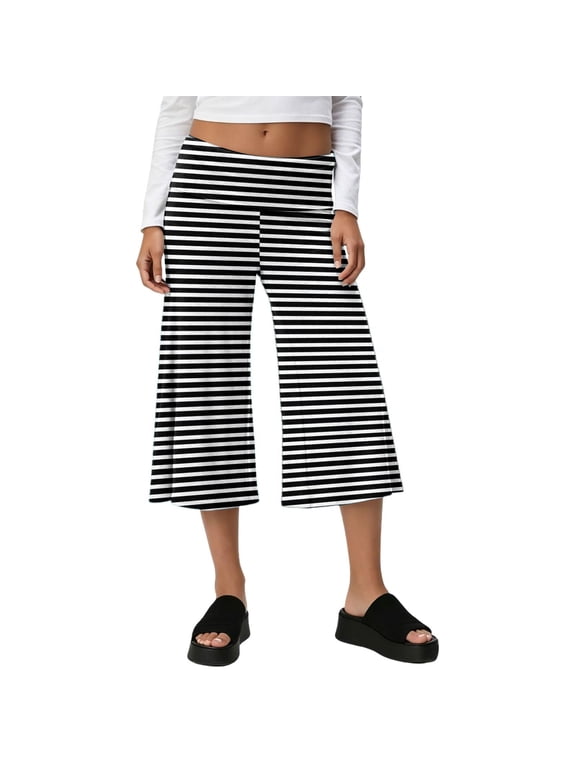 Gauchos for Women Striped Palazzo Culotte Fold Over Wide Leg Capri Pants for Women Flowy Low Rise Womens Cropped Pants