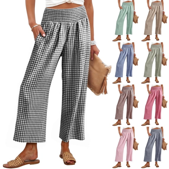 Hearthz Gingham Plaid Wide Leg Pants Woman Elastic Smocked Waist Cropped Pants for Women Flowy Baggy Loose Pants for Women Pink S
