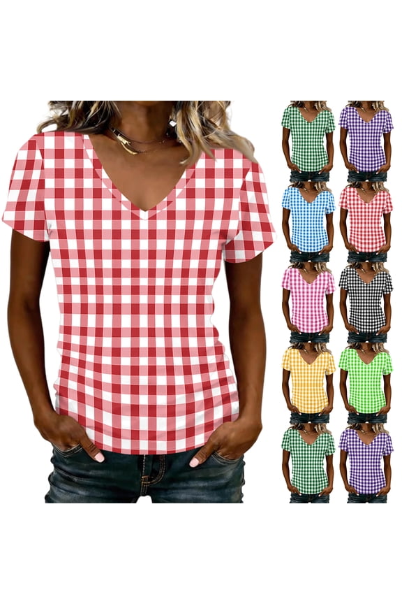 Gingham Short Sleeve Shirts for Women V Neck Tee Shirts Womens Summer Beach Plaid Tops for Women Trendy