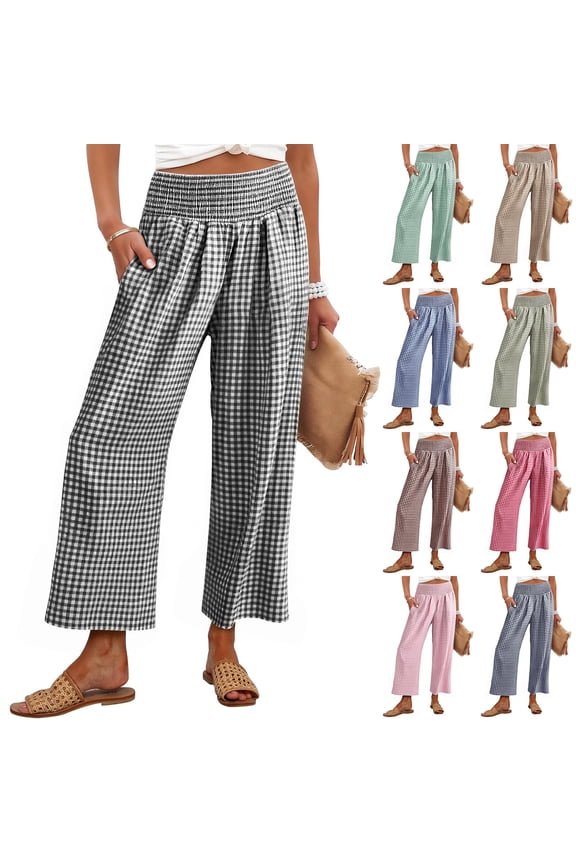 Gingham Wide Leg Pants Woman High Waist Smocked Drawstring Cropped Pants Comfy Flowy Plaid Women's Pants with Pockets Black M