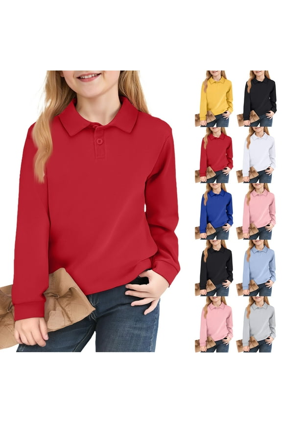 Girls' Long Sleeve Polo Shirt Pique Polo School Uniform Shirt Collared Back To School Preppy Clothes for Girls 5-6 Years