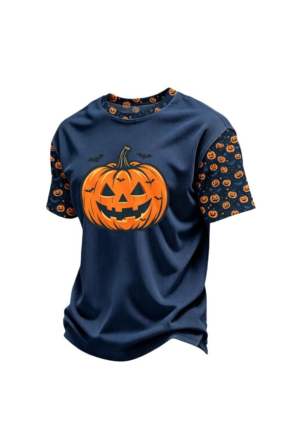 Halloween Corduroy Raglan Men Short Sleeve Shirt Patchwork Funny Pumpkin Graphic Comfort Colors Tshirt Holiday Fall Mens Pullover Shirts