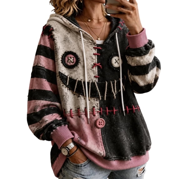 Hearthz Halloween Face Print Graphic Hoodies for Women Retro Spooky Season Patchwork Pullover Top Fall Pumpkin Graphic Ghost Fleece Lined Hoodie Women with Pockets
