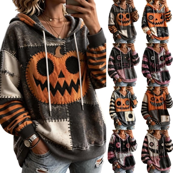 Hearthz Halloween Face Print Hoodies for Women Retro Spooky Season Patchwork Womens Pullover Fall Pumpkin Graphic Ghost Fleece Hoodie Women with Pockets