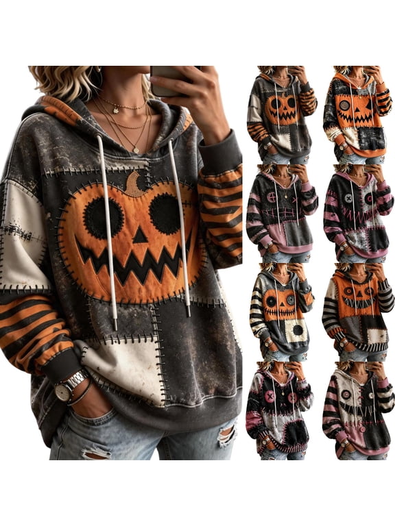 Halloween Face Print Womens Hoodie Retro Spooky Season Patchwork Womens Pullover Sweatshirt Fall Pumpkin Graphic Ghost Womens Fleece Hoodie with Pockets