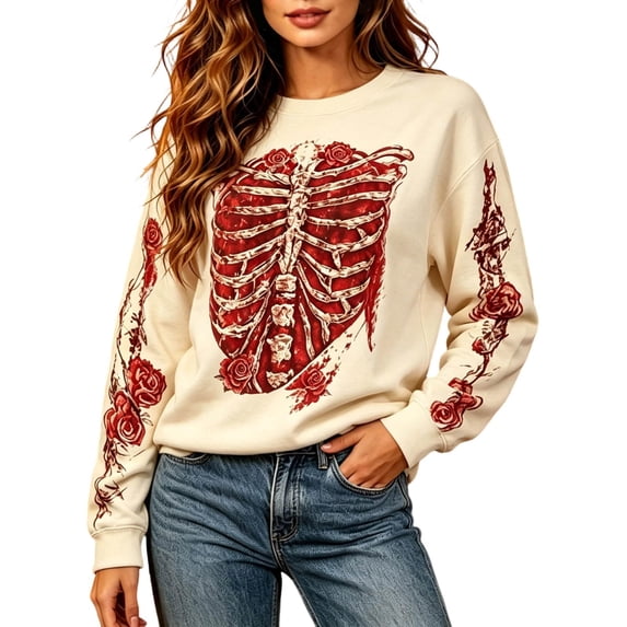 Hearthz Halloween Knitted Sweater for Women Skeleton Holiday Print Sweater Womens Textured Knit Long Sleeve Crew Neck Pull Over Womens Sweaters