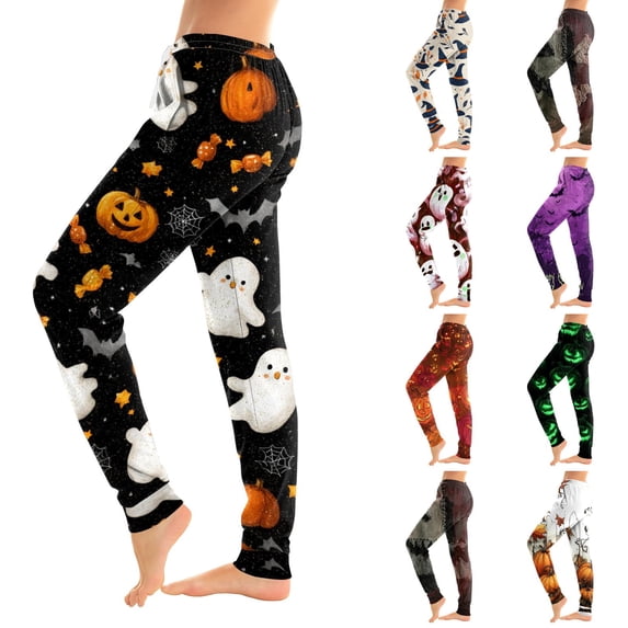 Hearthz Halloween Print Pajamas Pants for Women Ghost Jack-O Bat Print Jogger Lounge Pants Elastic Waist Lounge Pants Women with Cuffed Ankles