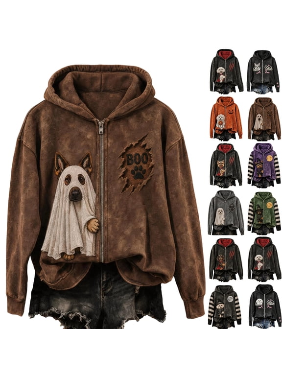 Halloween Print Zip Up Hoodie Women Retro Spooky Season Patchwork Womens Pullover Sweatshirt Fall Graphic Dog Ghost Fleece Hoodies for Women with Pockets