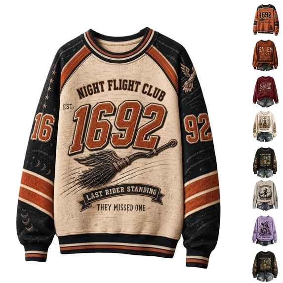 Hearthz Halloween Sweatshirt Night Flight Club 1692 Vintage Graphic Sweatshirt for Women Retro Spooky Season Pull Over Sweaters Womens Crew Neck Sweatshirts Women