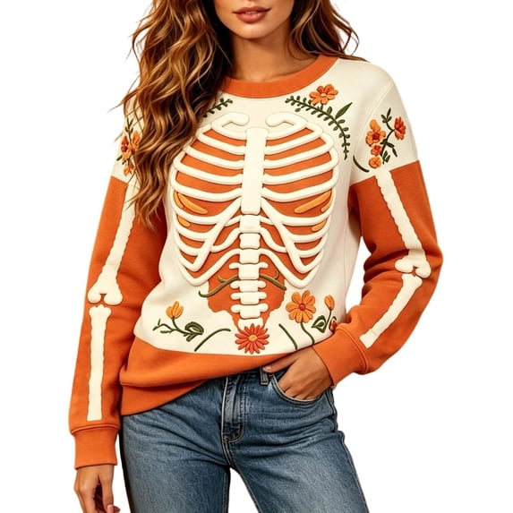 Hearthz Halloween Women Knitted Sweater Skeleton Holiday Print Sweater Womens Textured Knit Long Sleeve Crew Neck Pull Over Womens Sweaters