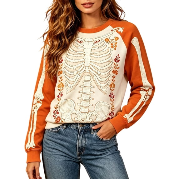 Hearthz Halloween Women's Knitted Sweaters Skeleton Holiday Print Sweater Womens Textured Knit Long Sleeve Crew Neck Pull Over Womens Sweaters