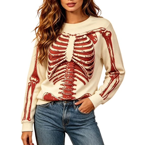 Hearthz Halloween Women's Knitted Sweaters Skeleton Holiday Print Womens Lightweight Sweater Textured Knit Long Sleeve Crew Neck Women's Pullover Sweaters