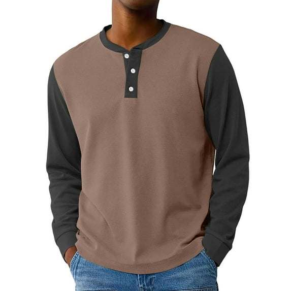 Hearthz Henley Long Sleeve Shirts for Men Fall 3-Button Color Block Oversized Tshirts for Men O Neck Jersey Baseball Tee Shirt