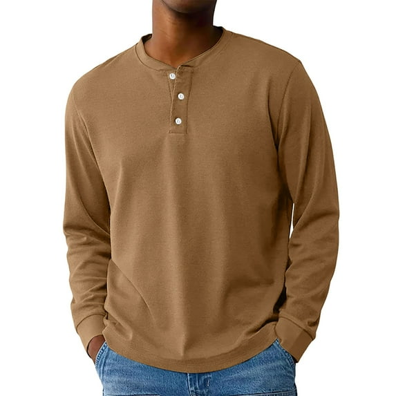 Hearthz Henley Long Sleeve Shirts for Men Fall 3-Button Solid Color Mens T-Shirts Crewneck Jersey Baseball Tee Shirt