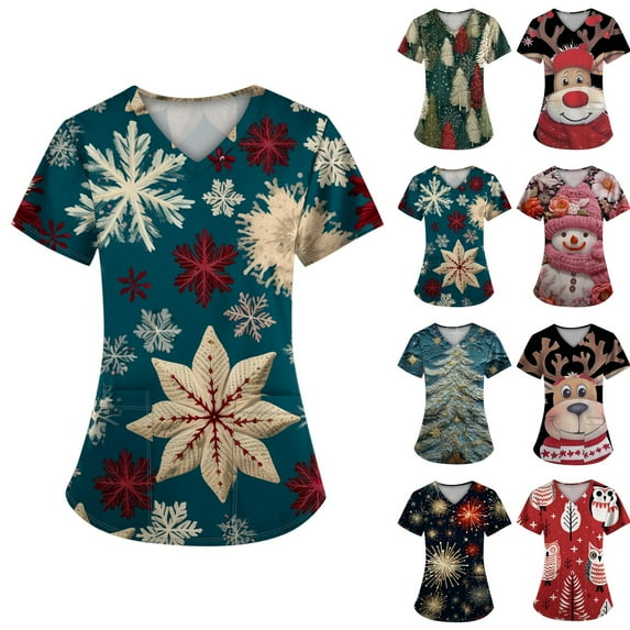 Hearthz Holiday Scrubs for Women Plus Size Stretch Woman Scrub Top V Neck Short Sleeve Nurse Working Uniforms with Pockets S-5xl