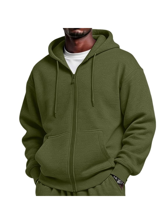 Hooded Flannel Shirt for Men Long Sleeve Zip Up Mens Lightweight Jackets with Hood Streetwear Oversized Winter Warm Plush Fleece Mens Hoodie Green L