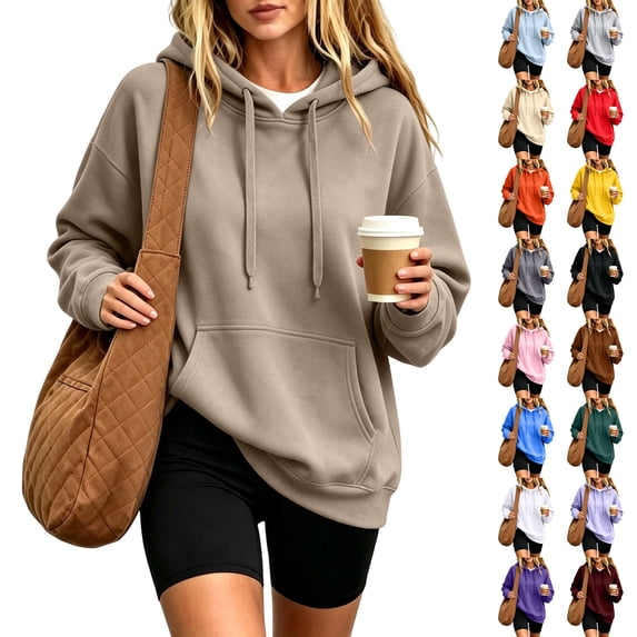 Hearthz Hoodie for Women Solid Color Drop Shoulder Cute Sweatshirts for Women Fall Winter Oversized Streetwear Womens Fleece Hoodie with Pocket Orange S