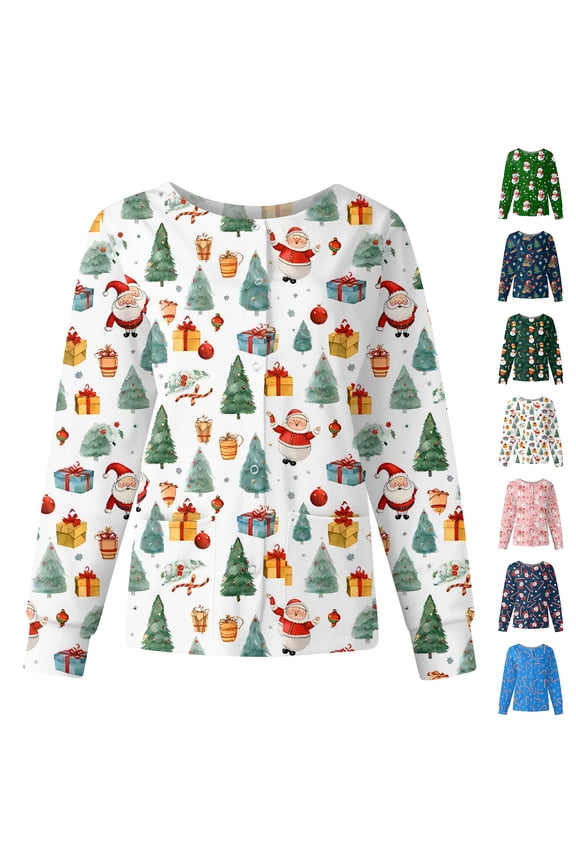 Jacket Scrubs Women Merry Christmas Warm Up Top Scrubs for Women Santa Claus Print Long Sleeve Snap Front Nurse Uniform with Pockets S-5XL