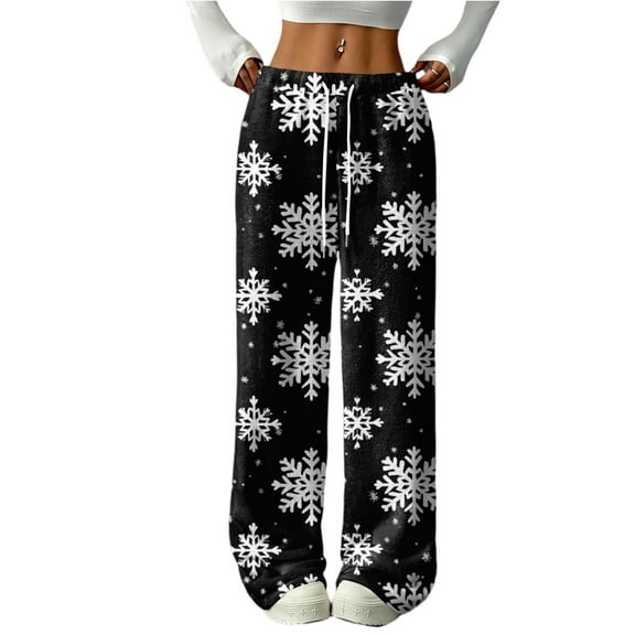 Hearthz Ladies Fleece Pajama Pants Christmas Fuzzy Fleece Cozy Elastic Waist Wide Leg Sleep Pants with Pockets Fall Winter Warm Pajama Bottoms Women