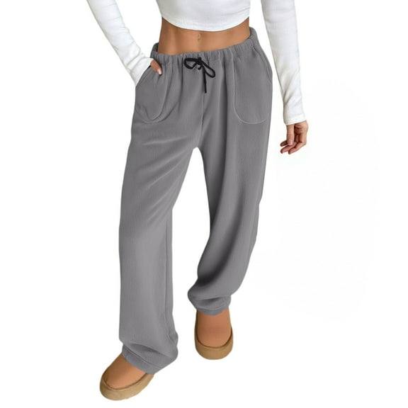 Hearthz Ladies Fleece Pajama Pants Gray Fuzzy Fleece Cozy Elastic Waist Wide Leg Sleep Pants with Pockets Fall Winter Warm Pj Bottoms for Women