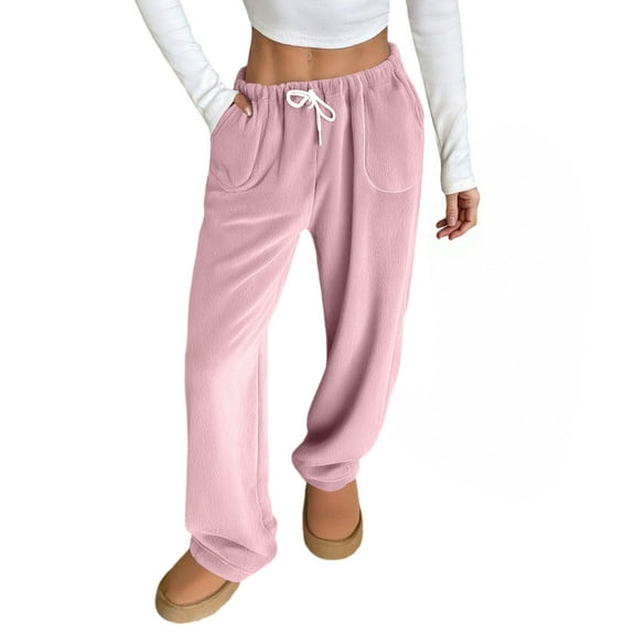 Hearthz Ladies Fleece Pajama Pants Pink Fluffy Fuzzy Fleece Elastic Waist Wide Leg Lounge Pants with Pockets Fall Winter Warm Pajama Bottoms