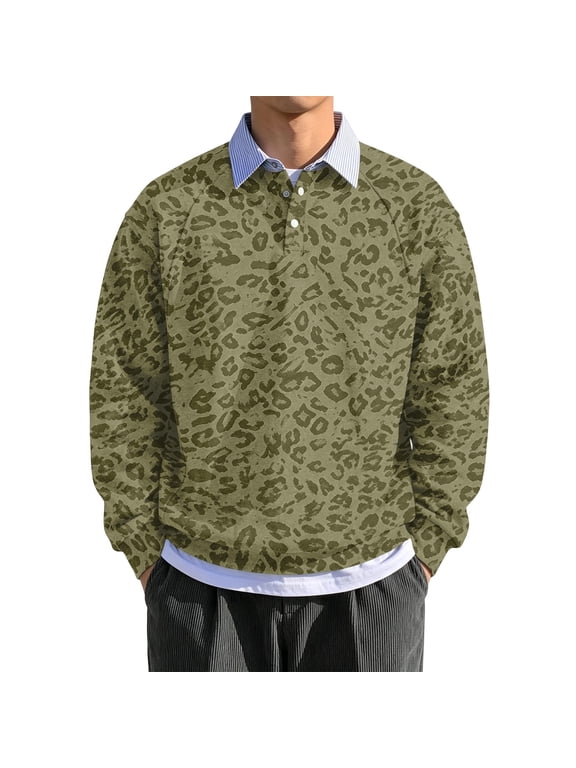 Leopard Print Big and Tall Polo Shirts for Men Sweatshirt Striped Collar 2 Button Men Long Sleeve Shirt Fall Winter Men Sweatshirt