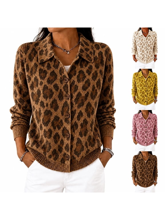 Leopard Print Long Sleeve Knit Cardigan Button Front Womens Pullover Sweatshirt Oversized Y2k Vintage Casual Tops for Women