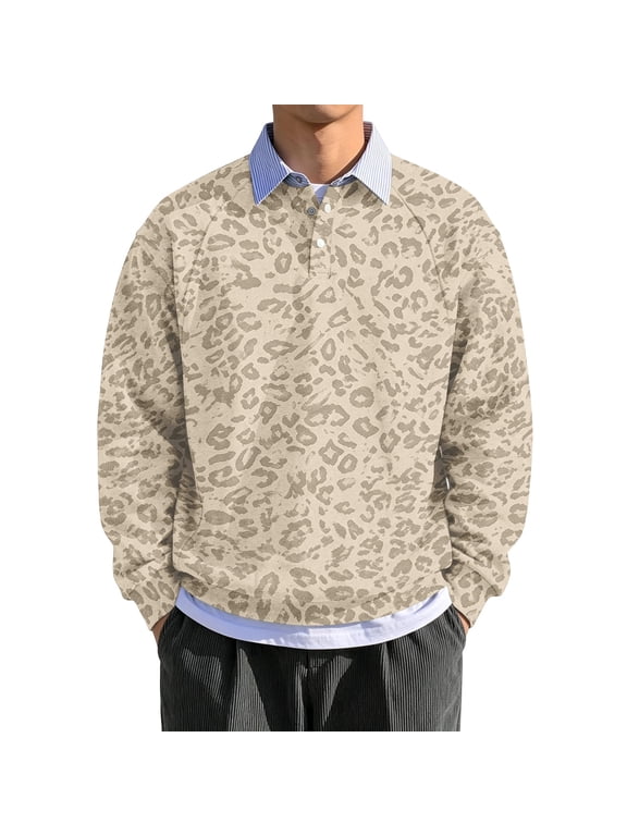 Leopard Print Polo T Shirts for Men Sweatshirt Striped Collar 2 Button Long Sleeve Shirts for Men Fall Winter Men's Sweatshirt