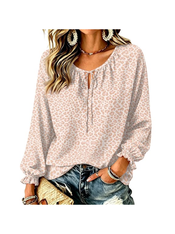 Leopard Print Women Blouses Dressy Casual Tie V Neck Ruffle Cuffs Long Sleeve Womens Shirts Fall Casual Flowy Boho Shirts for Women