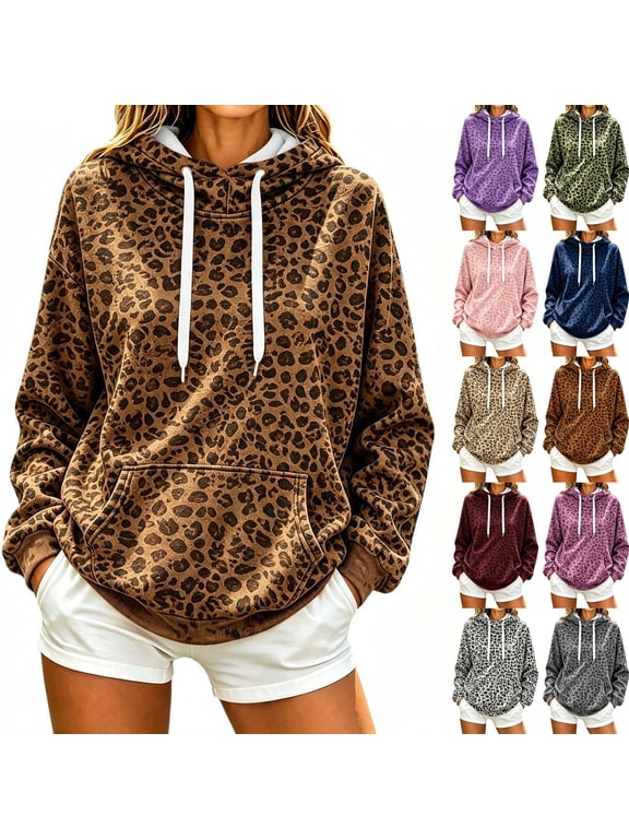 Leopard Print Womens Hoodie Oversized Y2k Drawstring Womens Pullover Vintage Streetwear Fleece Hoodies for Women with Pockets