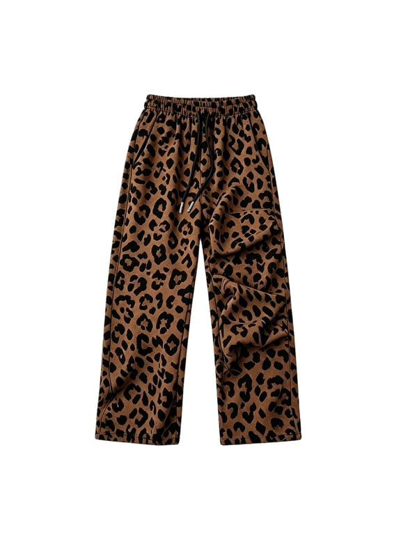 Leopard Print Womens Sweatpants Wide Leg High Waist Sweatpants Women Baggy Fall Winter Athletic Workout Gym Cotton Sweatpants Women