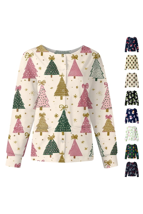 Lightweight Scrub Jacket for Women Christmas Snap Front Nurse Uniforms Funny Xmas Warm Up Long Sleeve Women's Scrub Tops S-5XL