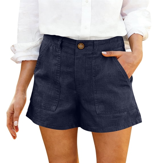 Hearthz Linen Bermuda Shorts for Women High Waisted Wide Leg Bermuda Shorts for Women Summer Beach Womens Hiking Shorts with Pocket Navy S