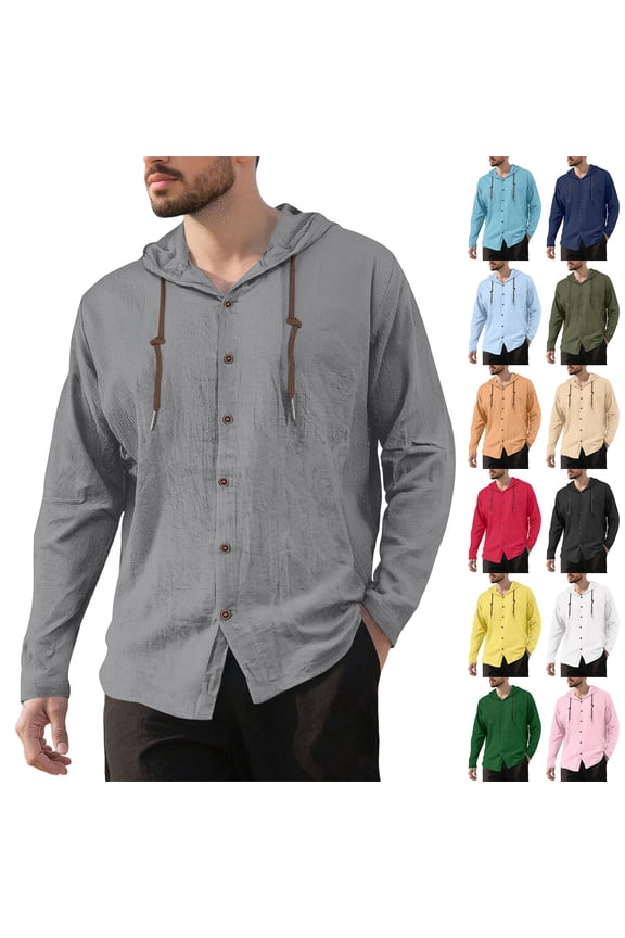 Linen Hooded Fishing Shirts for Men Button Down Long Sleeve Hoodie Men Drawstring Lightweight Beach Sweatshirts for Men Navy S