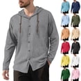 thumbnail image 1 of Hearthz Linen Hooded Mens Shirts Casual Button Down Long Sleeve Mens Hoodie Drawstring Lightweight Beach Mens Sweatshirt Light Blue XL, 1 of 10