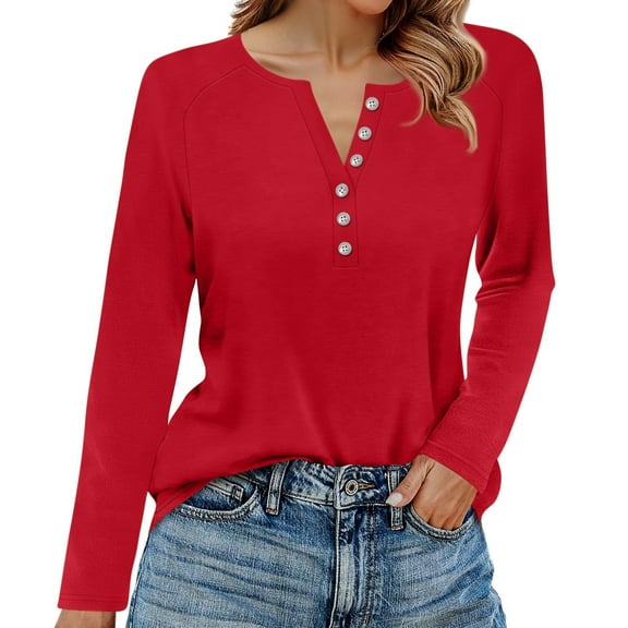 Hearthz Long Sleeve Blouse Fall V Neck Jersey Shirts for Women Henley Button Down Dressy Blouses for Women
