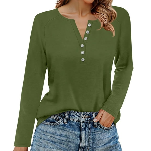 Hearthz Long Sleeve Cotton Shirts for Women Fall V Neck Shirts for Women Henley Button Down Ladies Blouses Dressy Casual
