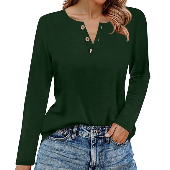 Hearthz Long Sleeve Going Out Tops for Women Fall V Neck Work Shirts for Women Henley Button Down Blouses for Women Business Casual