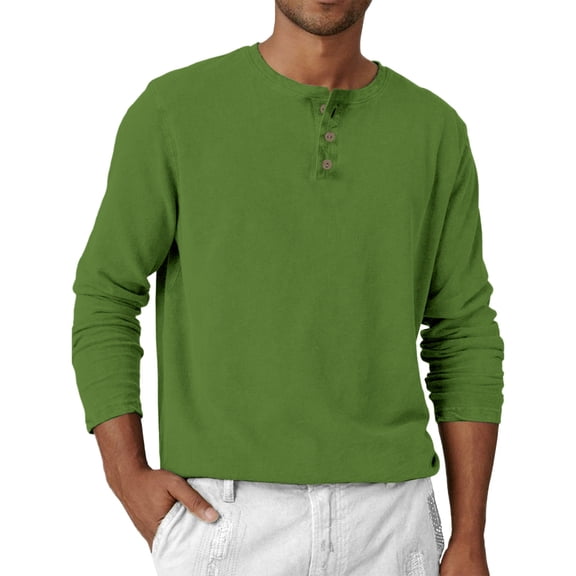 Hearthz Long Sleeve Henley Shirts for Men Fall 3-Button Solid Color Mens Cotton T Shirts Crew Neck Sports Baseball T Shirts
