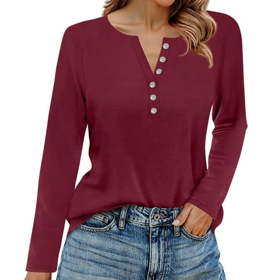Hearthz Long Sleeve Tops for Women Fall V Neck Workout Shirts Women Henley Button Down Women's Blouses Dressy Casual