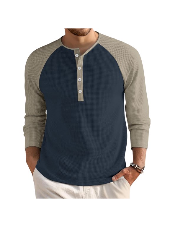 Long Sleeve Waffle Henley Shirts for Men Color Block Crewneck Raglan Sleeve Fall Pullover Funny Shirts for Men Henley Button Up Men Sweatshirts