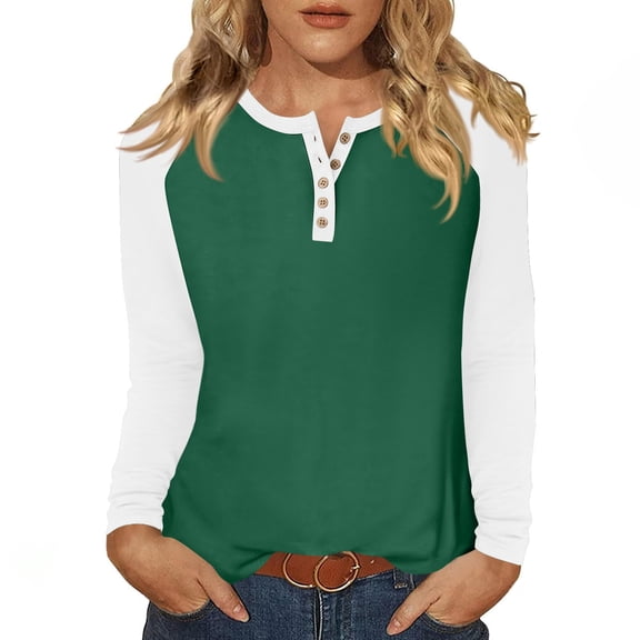 Hearthz Long Sleeve Workout Tops for Women Colorblock V-Neck Button Henley Tops for Women Fitted Basic Tee Raglan Sleeve Womens Baseball Tee