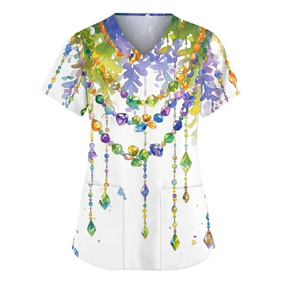 Hearthz Mardi Gras Scrub Shirts for Women Fat Tuesday Carnival Women's Shirts V Neck Short Sleeve Nurse Uniform with Pocket S-5XL