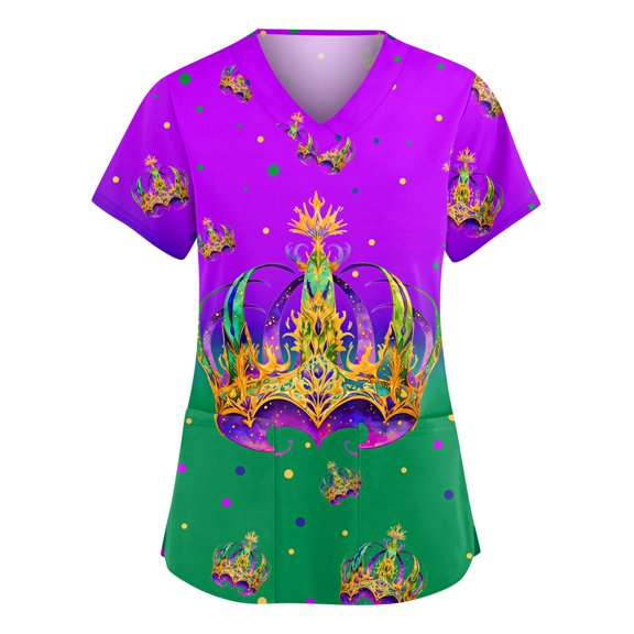 Hearthz Mardi Gras Scrub Shirts for Women Fat Tuesday Carnival Womens Shirt V Neck Short Sleeve Nurses Working Uniforms with Pocket S-5XL
