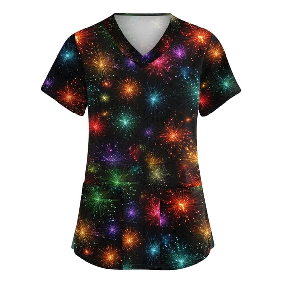 Hearthz Mardi Gras Scrub Top for Women Fat Tuesday Carnival Womans Shirts V Neck Short Sleeve Nurse Uniforms with Pocket S-5XL