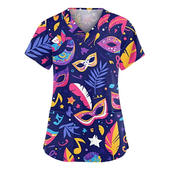 Hearthz Mardi Gras Scrub Tops Women Fat Tuesday Carnival Shirt Women V Neck Short Sleeve Nurse Working Uniforms with Pocket S-5XL