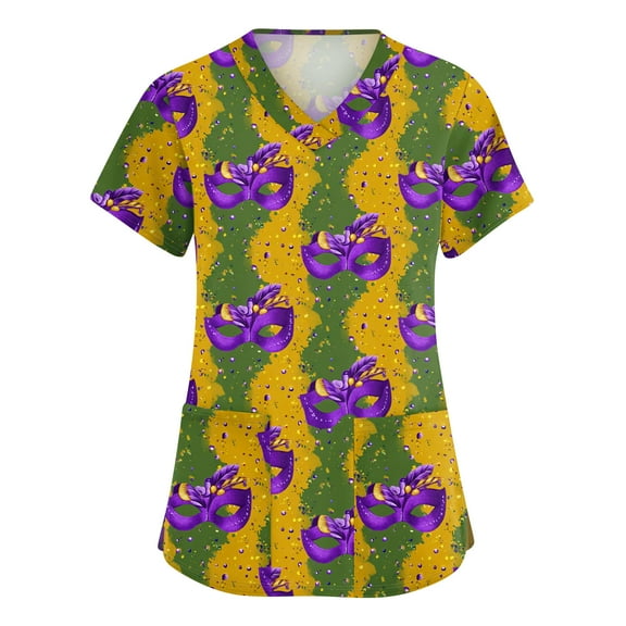 Hearthz Mardi Gras Scrubs Top Fat Tuesday Carnival Womens Shirt V Neck Short Sleeve Nurse Uniforms with Pocket S-5XL