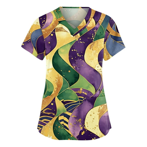 Hearthz Mardi Gras Scrubs Top for Women Fat Tuesday Carnival Women Shirt V Neck Short Sleeve Nurse Uniforms with Pocket S-5XL