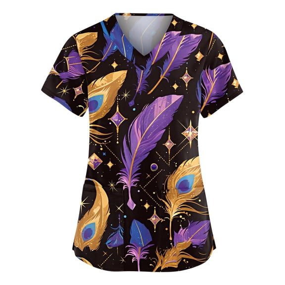 Hearthz Mardi Gras Scrubs Tops for Women Fat Tuesday Carnival Womans Shirts V Neck Short Sleeve Nurse Uniforms with Pocket S-5XL